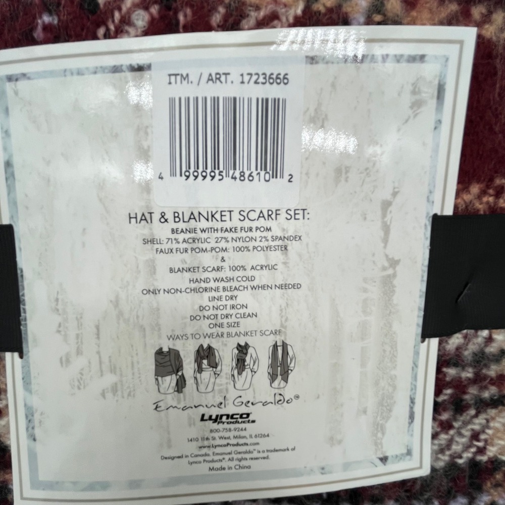 Emanuel Geraldo Hat and Blanket Scarf Set Plaid Burgundy Black Pom Beanie New - Picture 4 of 5